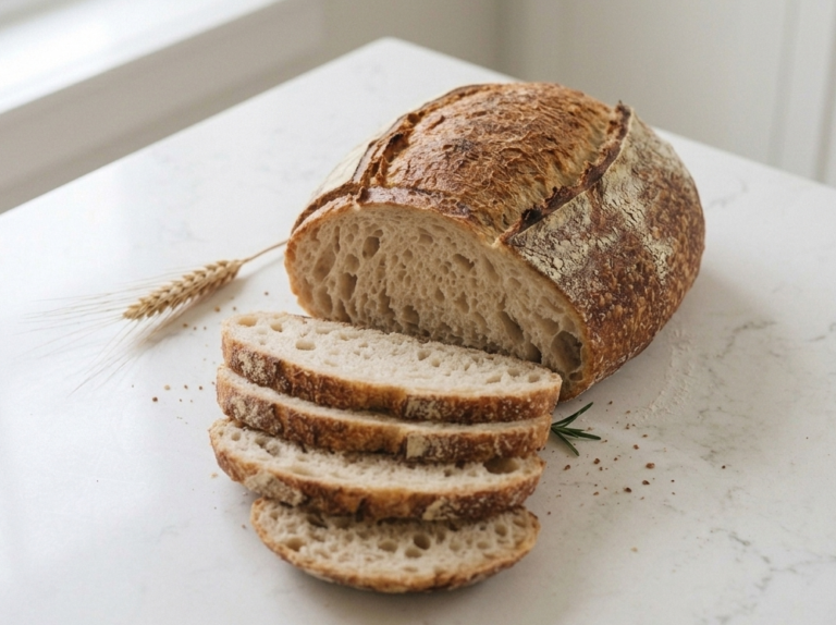 Sliced plain sourdough loaf with a crisp, blistered crust and open crumb