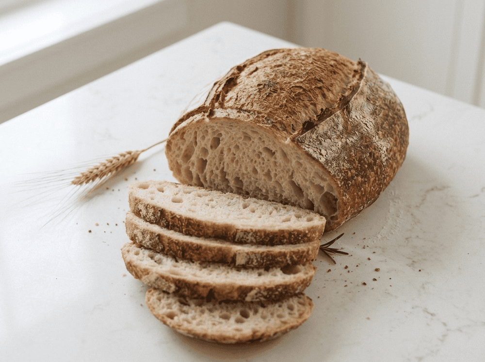 Sliced plain sourdough loaf with a crisp, blistered crust and open crumb