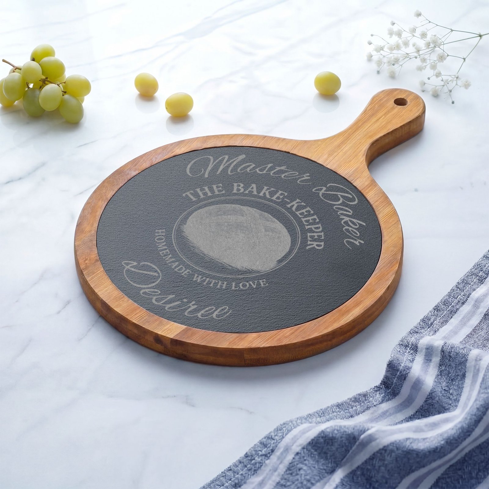 Engraved Acacia Charcuterie Board with Slate Insert & Cheese Tools — Personalized "Master Baker/The Bake-Keeper" Design - Image 19
