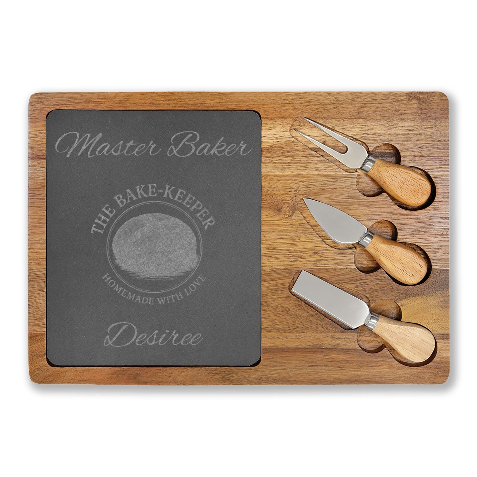 Engraved Acacia Charcuterie Board with Slate Insert & Cheese Tools — Personalized "Master Baker/The Bake-Keeper" Design - Image 11