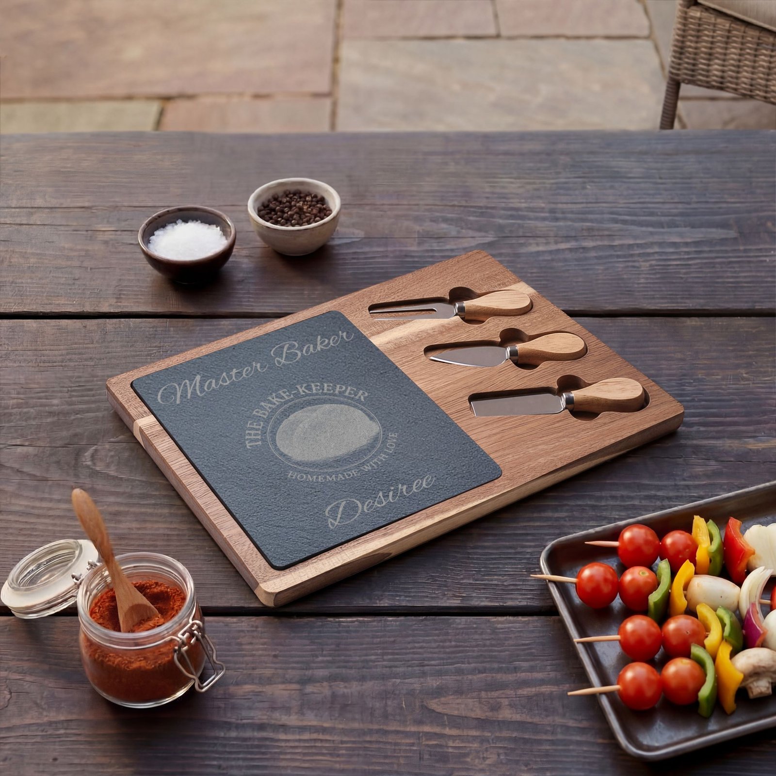 Engraved Acacia Charcuterie Board with Slate Insert & Cheese Tools — Personalized "Master Baker/The Bake-Keeper" Design - Image 15