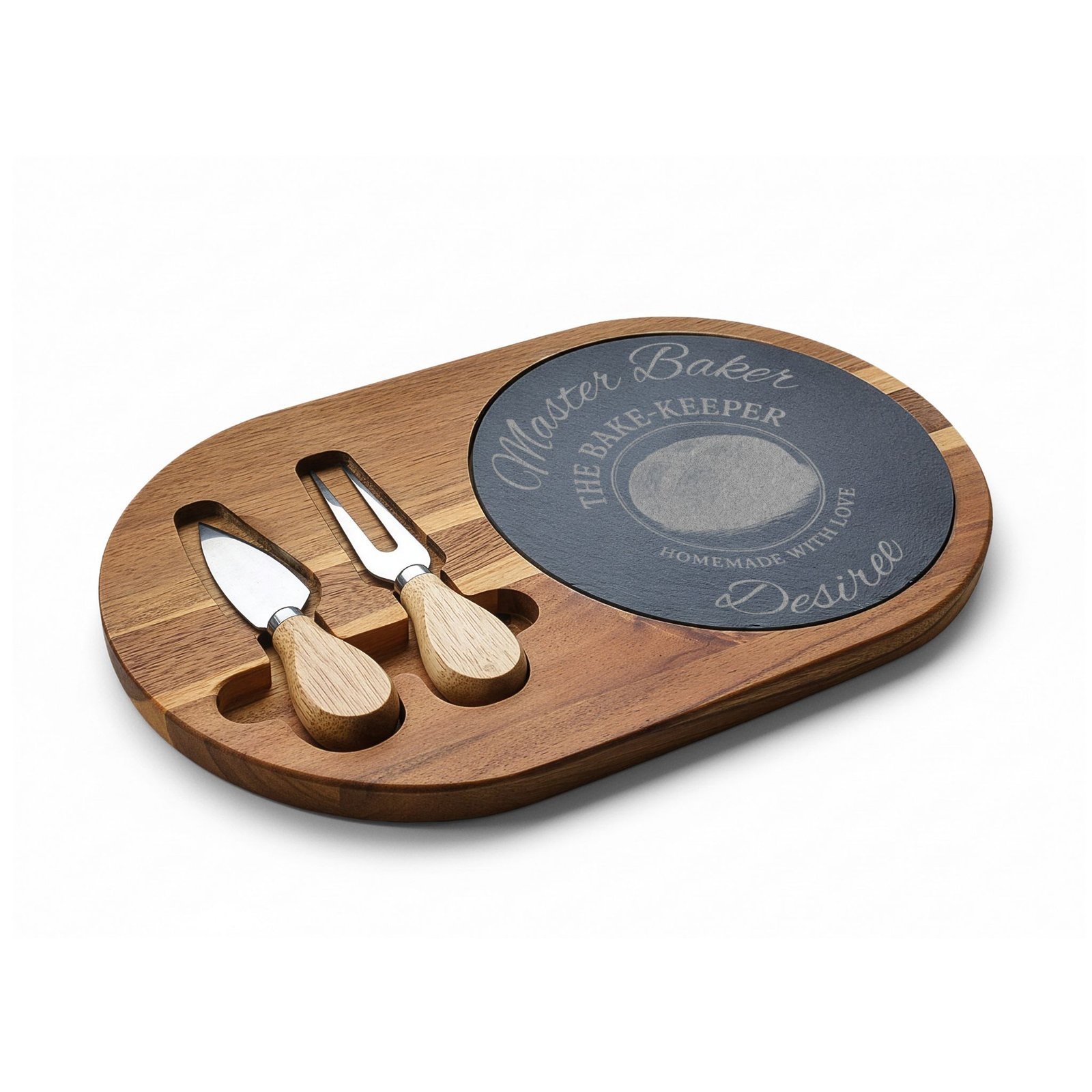 Engraved Acacia Charcuterie Board with Slate Insert & Cheese Tools — Personalized "Master Baker/The Bake-Keeper" Design - Image 3