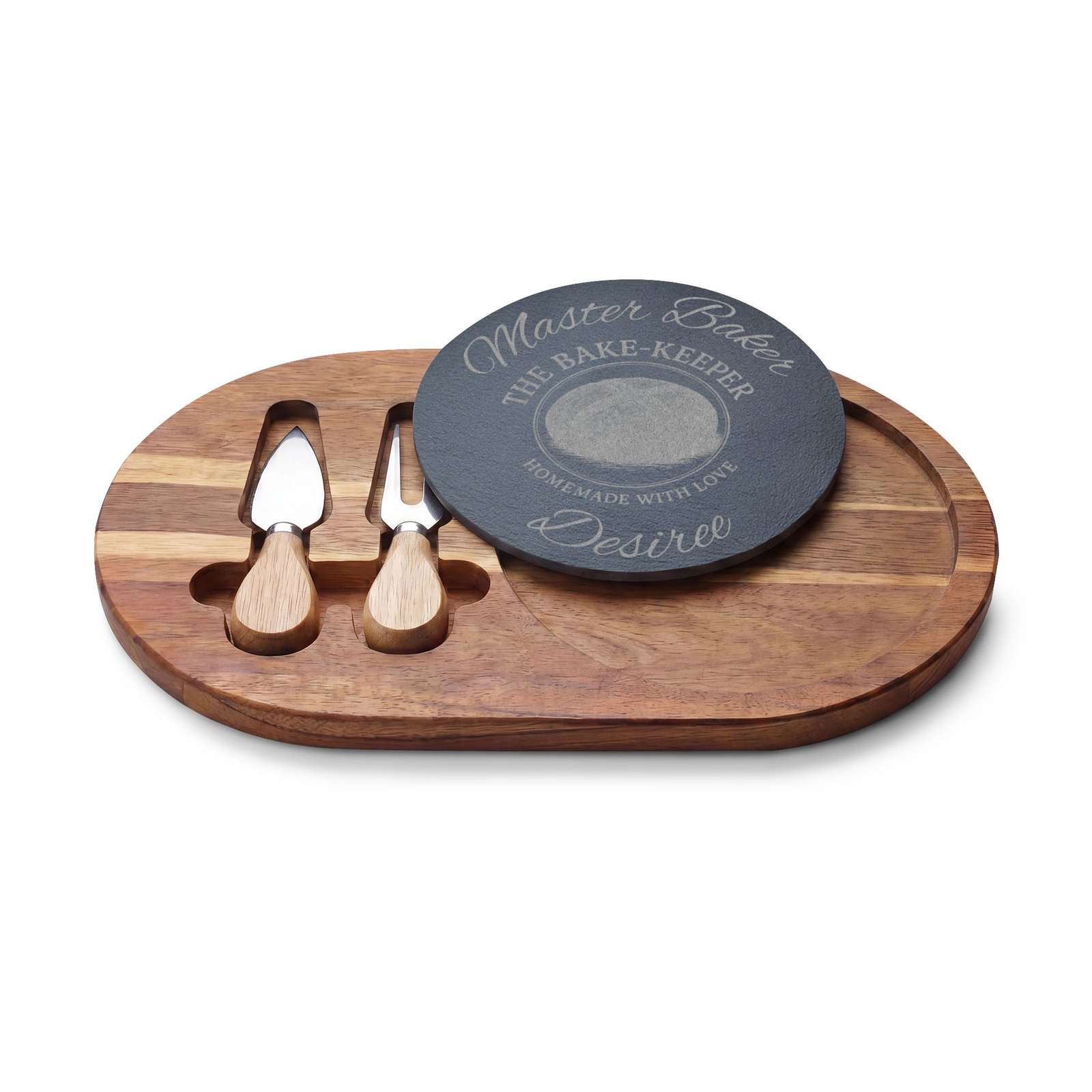 Engraved Acacia Charcuterie Board with Slate Insert & Cheese Tools — Personalized "Master Baker/The Bake-Keeper" Design
