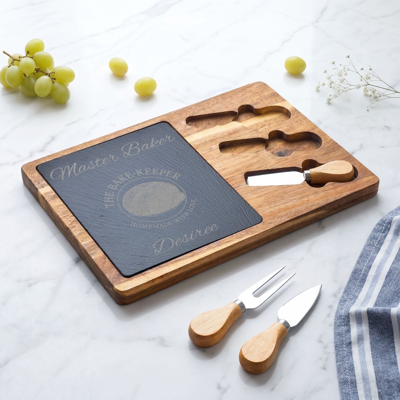 Engraved Acacia Charcuterie Board with Slate Insert & Cheese Tools — Personalized "Master Baker/The Bake-Keeper" Design - Image 14