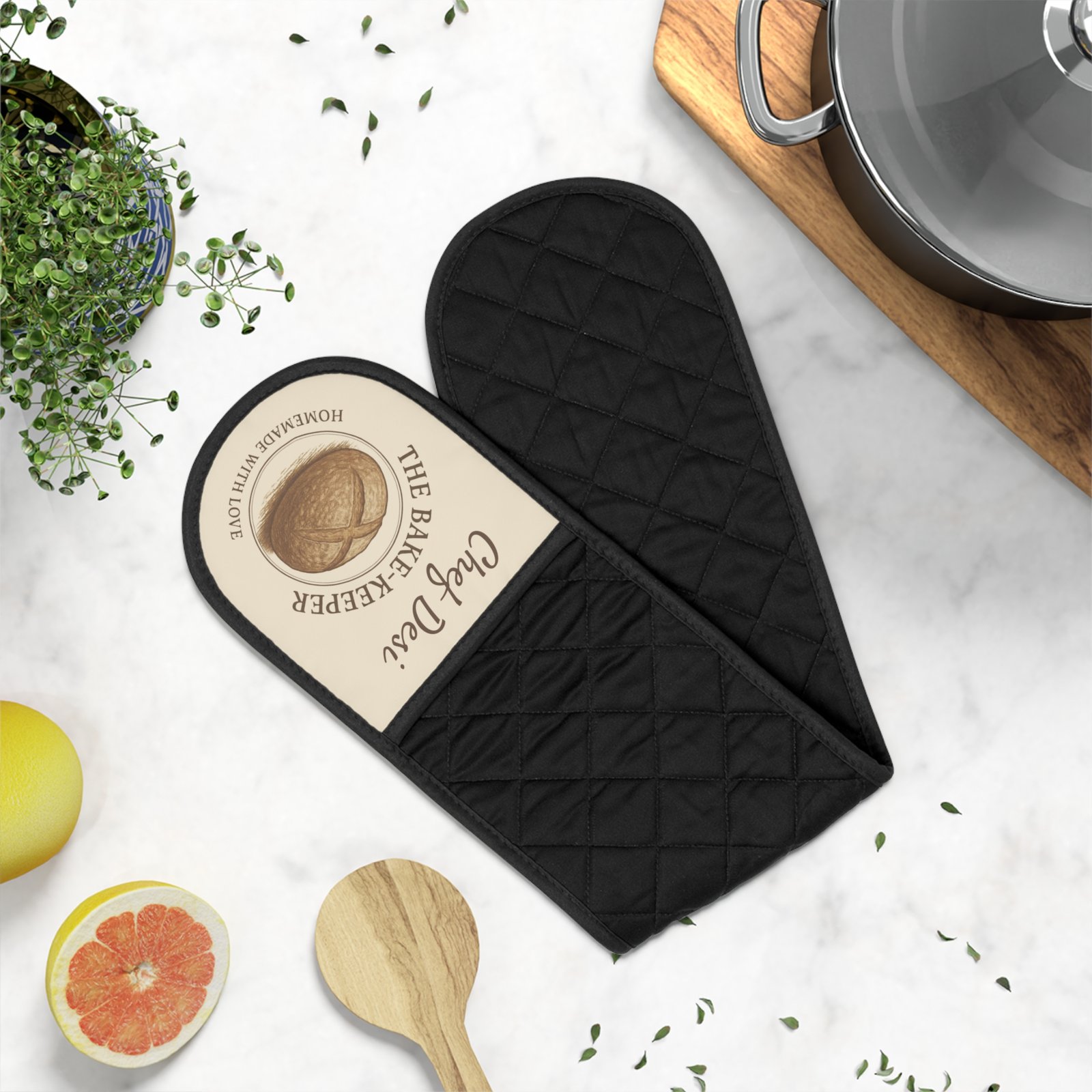 The Bake Keeper Personalized Oven Mitts | Black Double Pocket Oven Mitt with Custom Name - Image 5