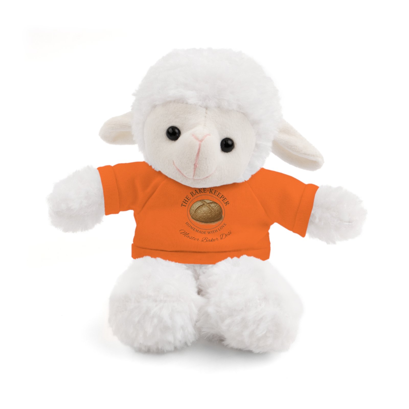 Personalized Plush Bear with "The Bake Keeper" Orange Tee, Teddy Bear, Bunny, Sheep, Panda & more Cute Animals - Image 2