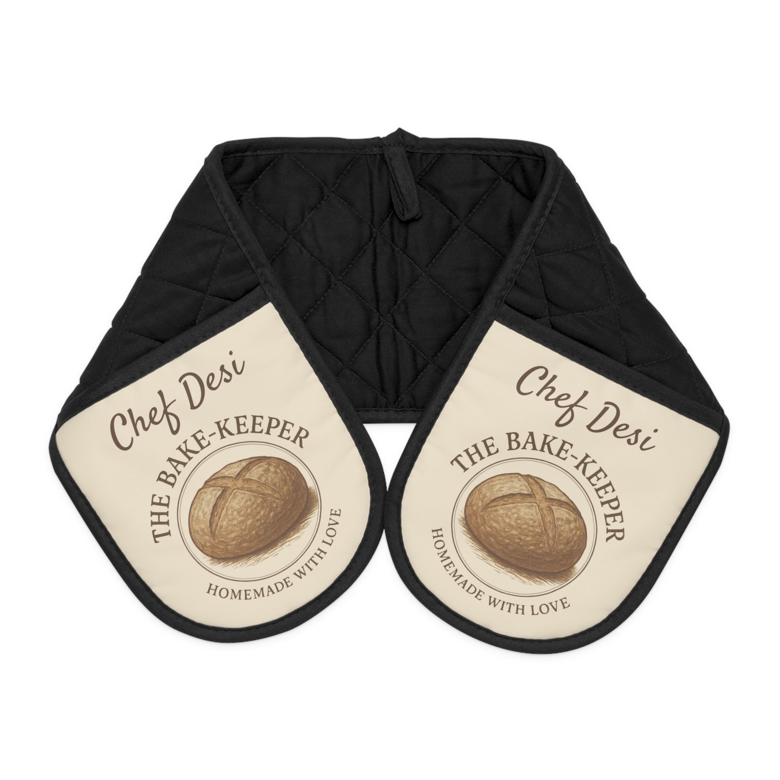 The Bake Keeper Personalized Oven Mitts | Black Double Pocket Oven Mitt with Custom Name