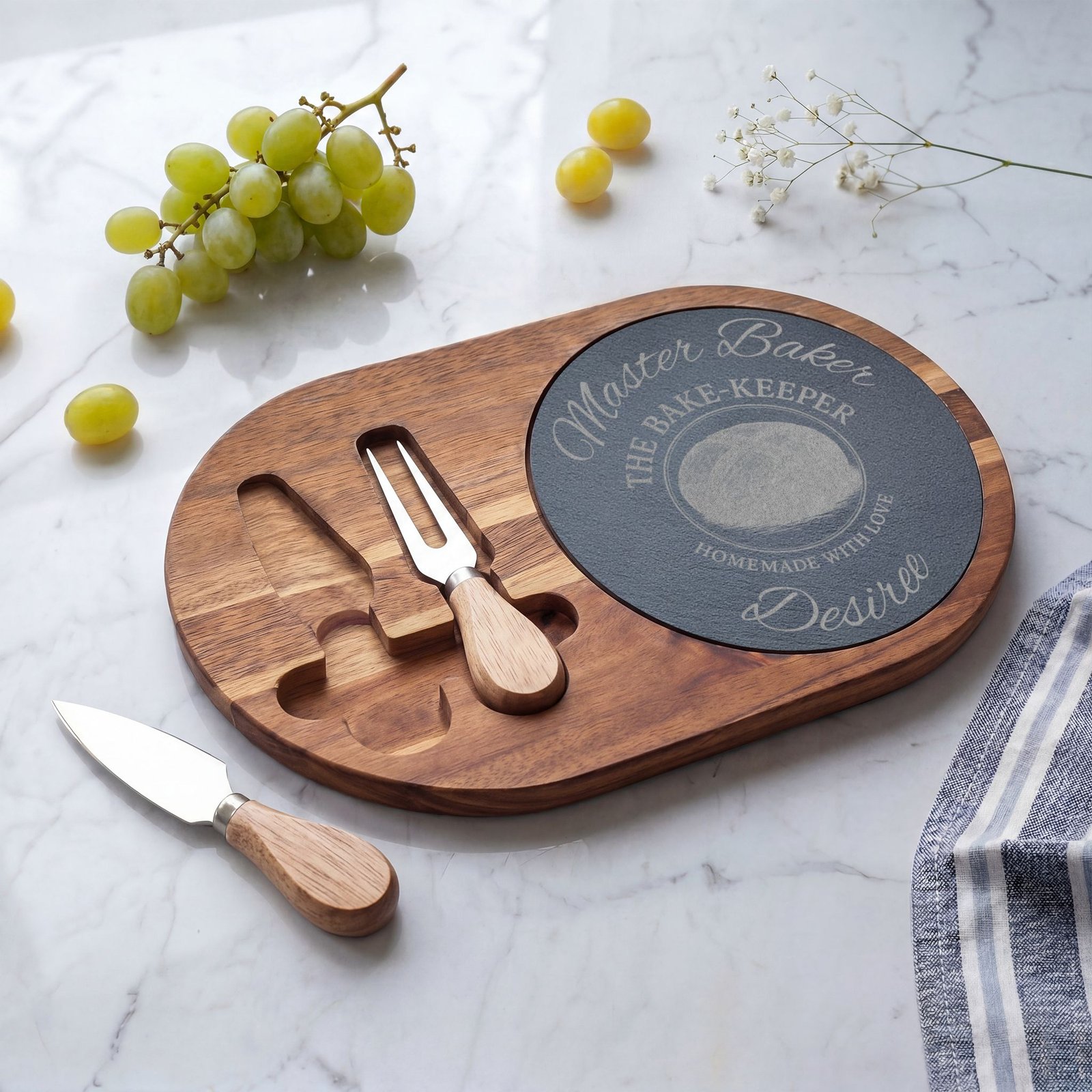 Engraved Acacia Charcuterie Board with Slate Insert & Cheese Tools — Personalized "Master Baker/The Bake-Keeper" Design - Image 4