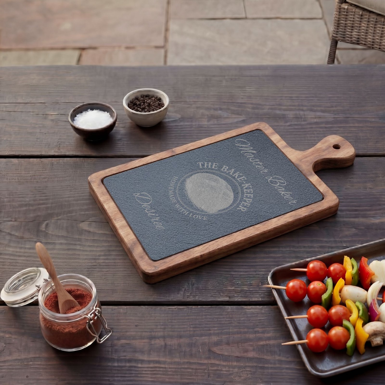 Engraved Acacia Charcuterie Board with Slate Insert & Cheese Tools — Personalized "Master Baker/The Bake-Keeper" Design - Image 10