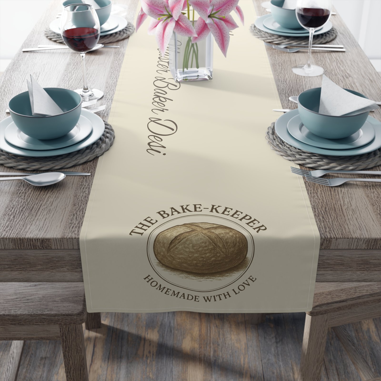 The Bake Keeper Table Runner – Personalized 'The Bake Keeper' Script & Logo Cotton-Blend Table Runner - Image 5