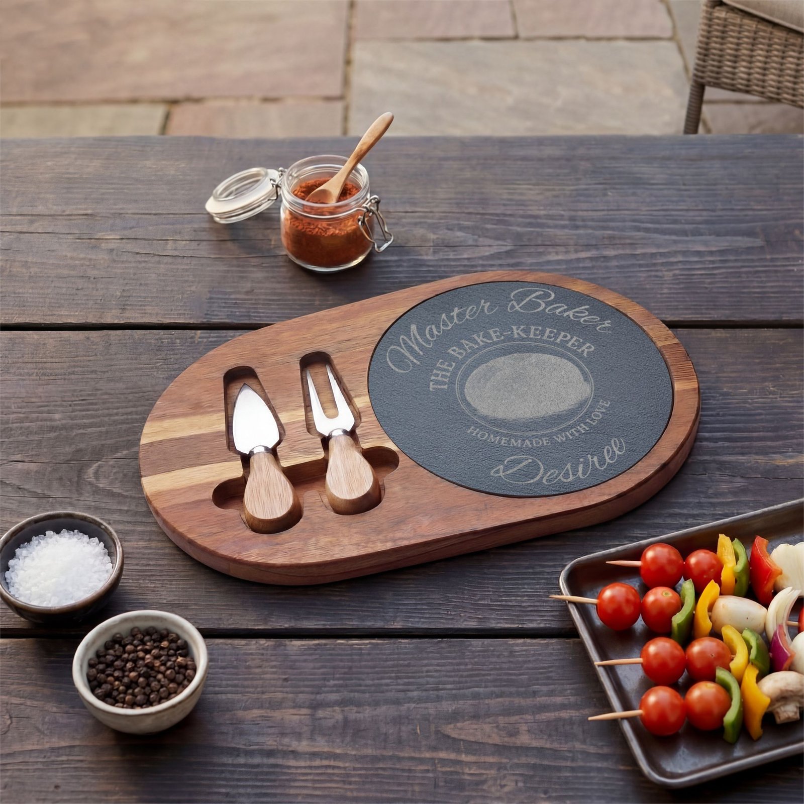 Engraved Acacia Charcuterie Board with Slate Insert & Cheese Tools — Personalized "Master Baker/The Bake-Keeper" Design - Image 5