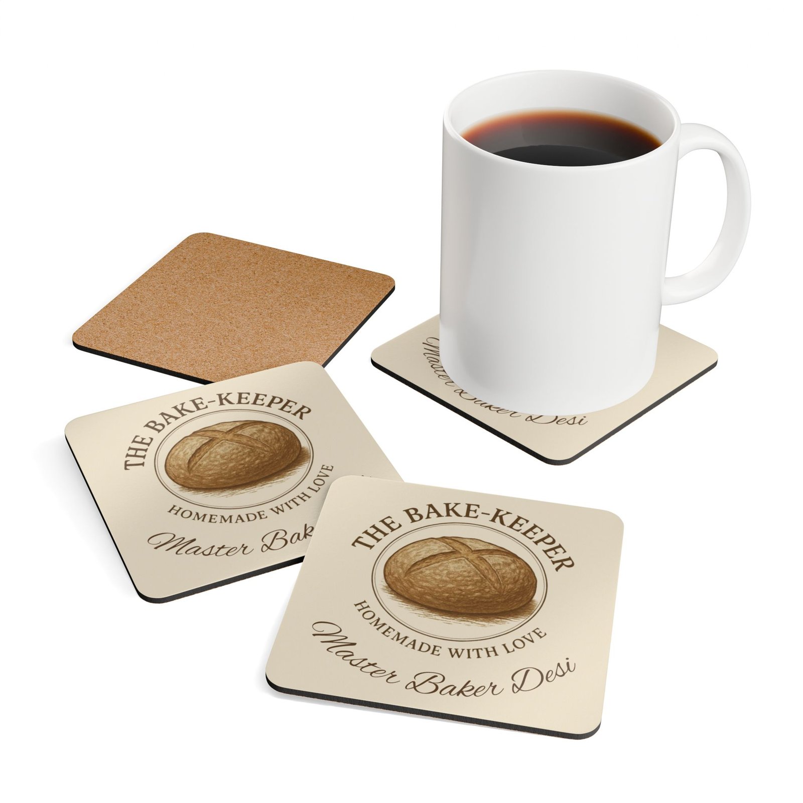 Baker Coaster Set — "The Bake-Keeper" Cork Drink Coasters, Personalized Kitchen Gift - Image 4
