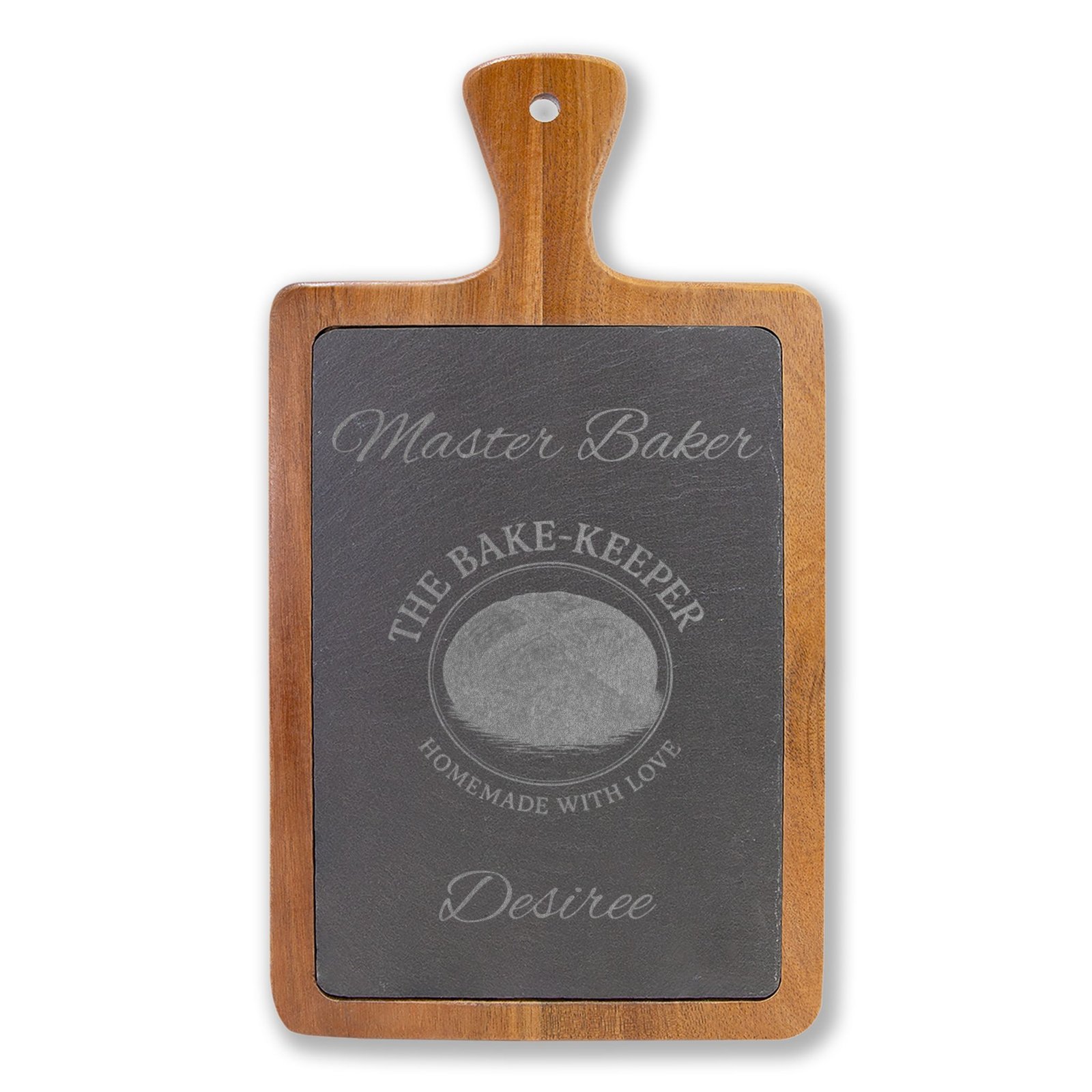 Engraved Acacia Charcuterie Board with Slate Insert & Cheese Tools — Personalized "Master Baker/The Bake-Keeper" Design - Image 6