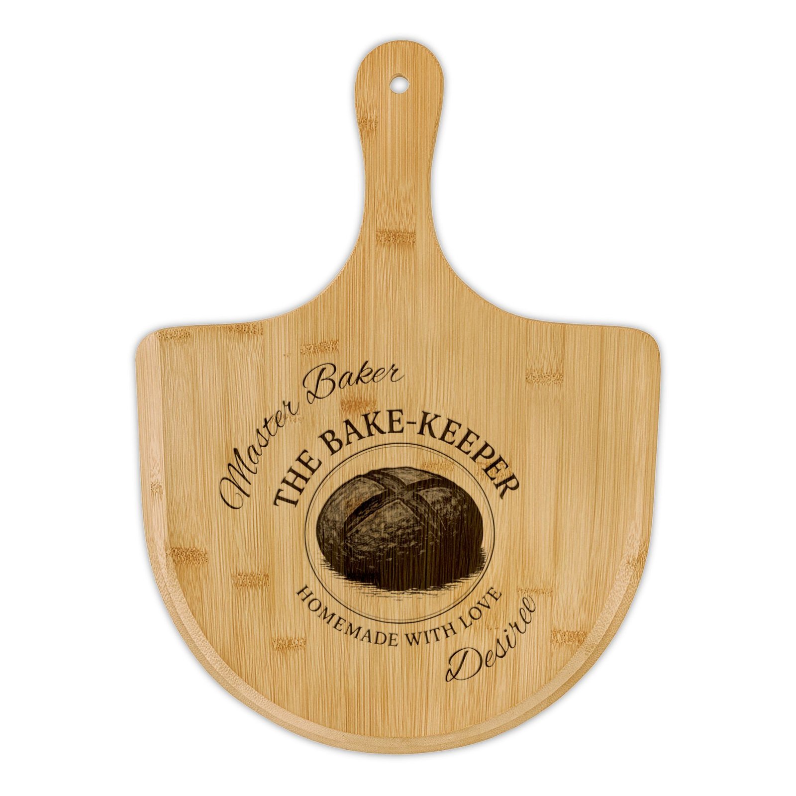 Engraved Bamboo Pizza Peel – Personalized "The Bake-Keeper" Rustic Wood Pizza Board