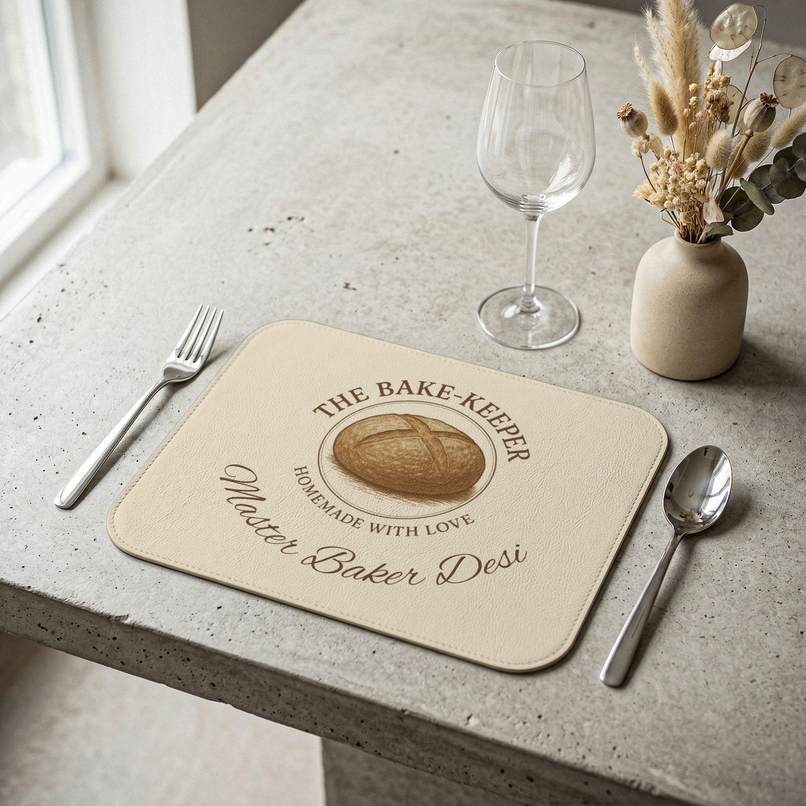 Leather Placemat — 'The Bake-Keeper' Personalized Baker Design