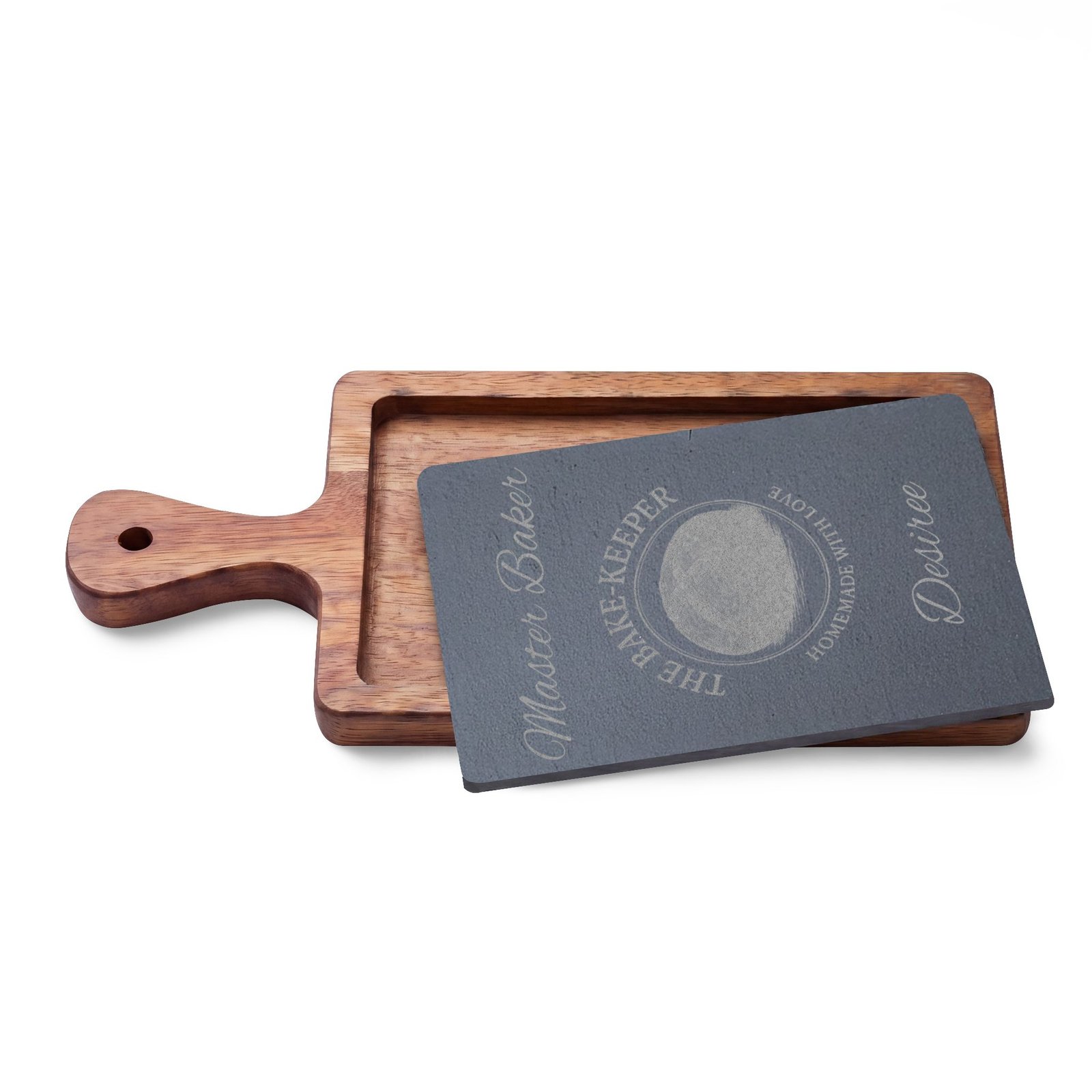Engraved Acacia Charcuterie Board with Slate Insert & Cheese Tools — Personalized "Master Baker/The Bake-Keeper" Design - Image 8