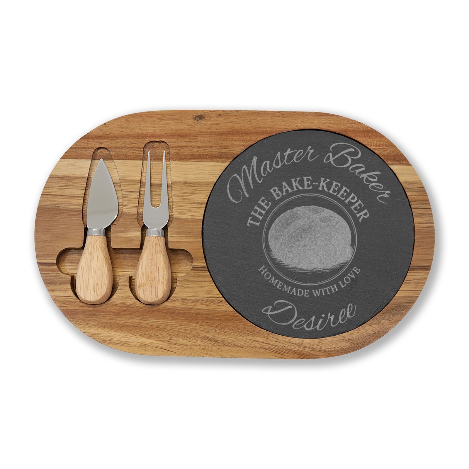 Engraved Acacia Charcuterie Board with Slate Insert & Cheese Tools — Personalized "Master Baker/The Bake-Keeper" Design - Image 2