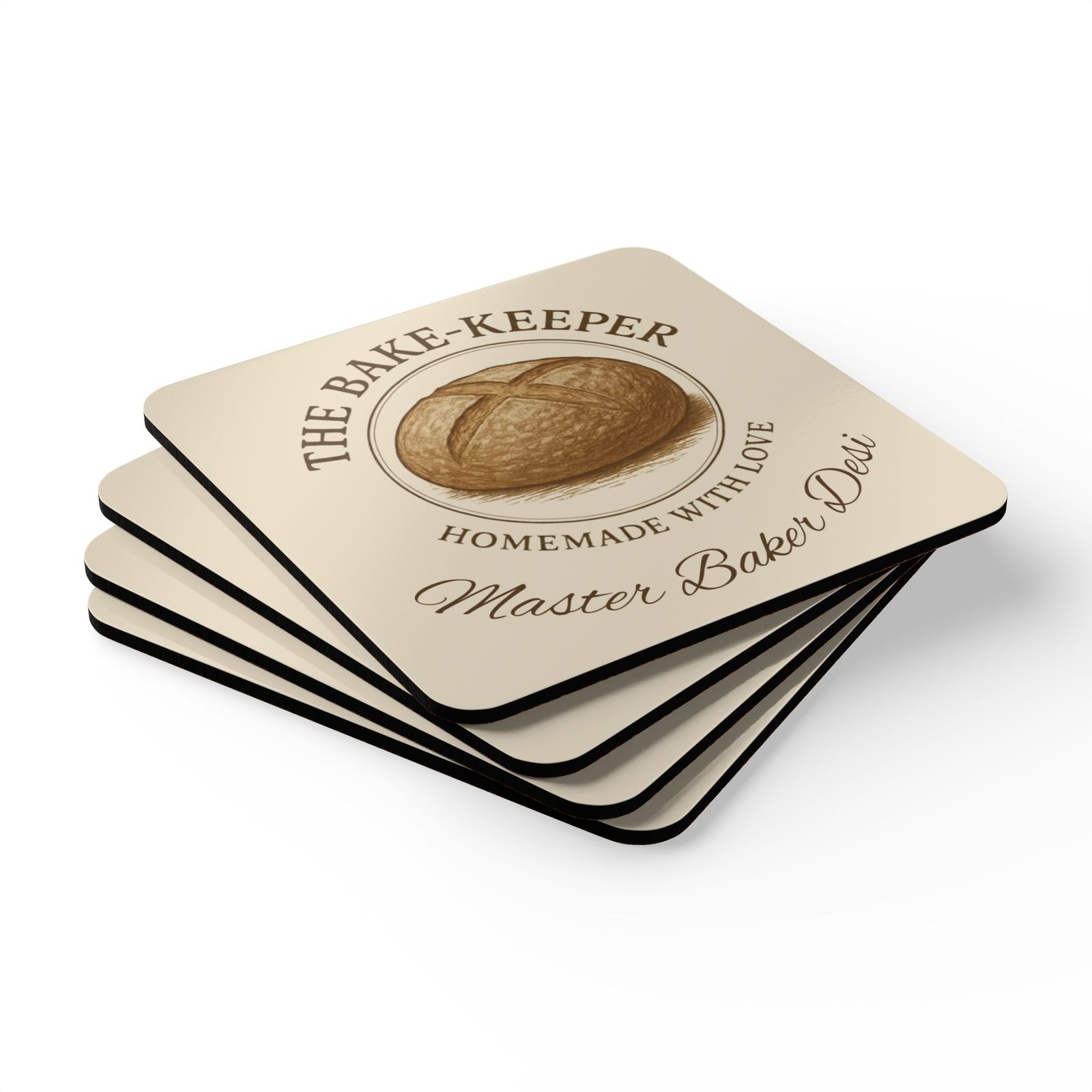 Baker Coaster Set — "The Bake-Keeper" Cork Drink Coasters, Personalized Kitchen Gift