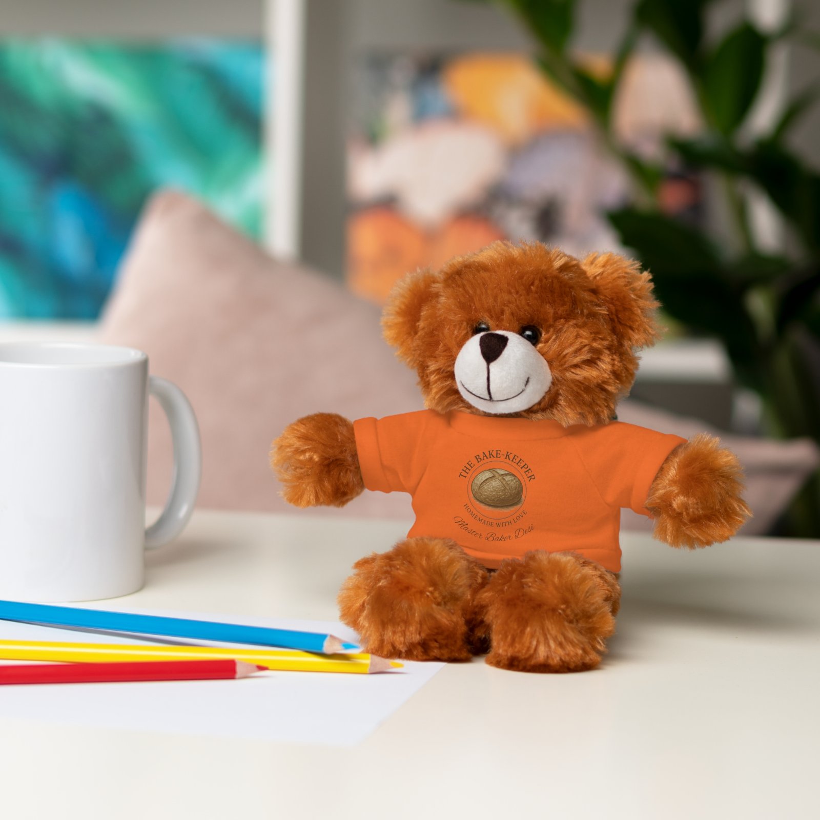 Personalized Plush Bear with "The Bake Keeper" Orange Tee, Teddy Bear, Bunny, Sheep, Panda & more Cute Animals