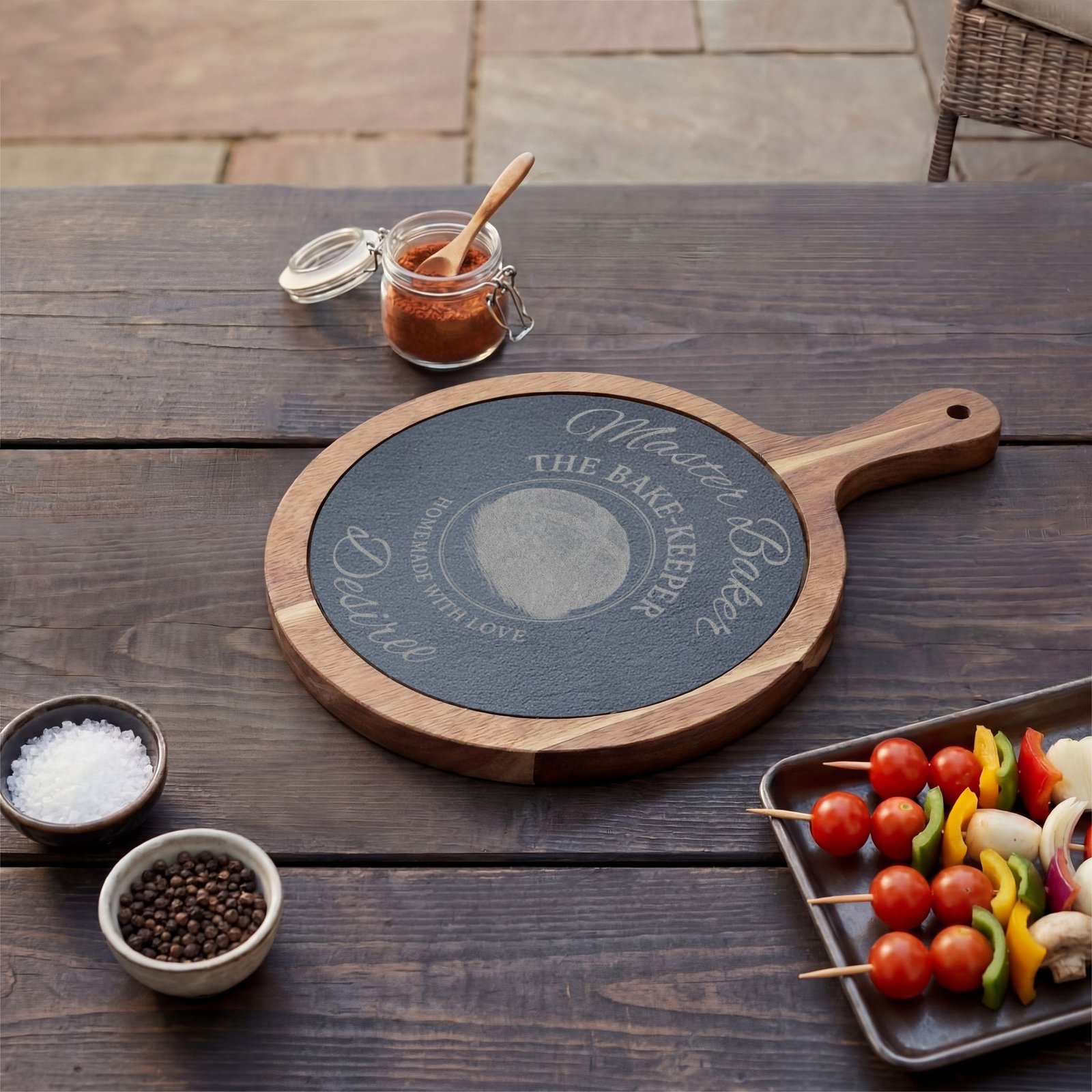 Engraved Acacia Charcuterie Board with Slate Insert & Cheese Tools — Personalized "Master Baker/The Bake-Keeper" Design - Image 20