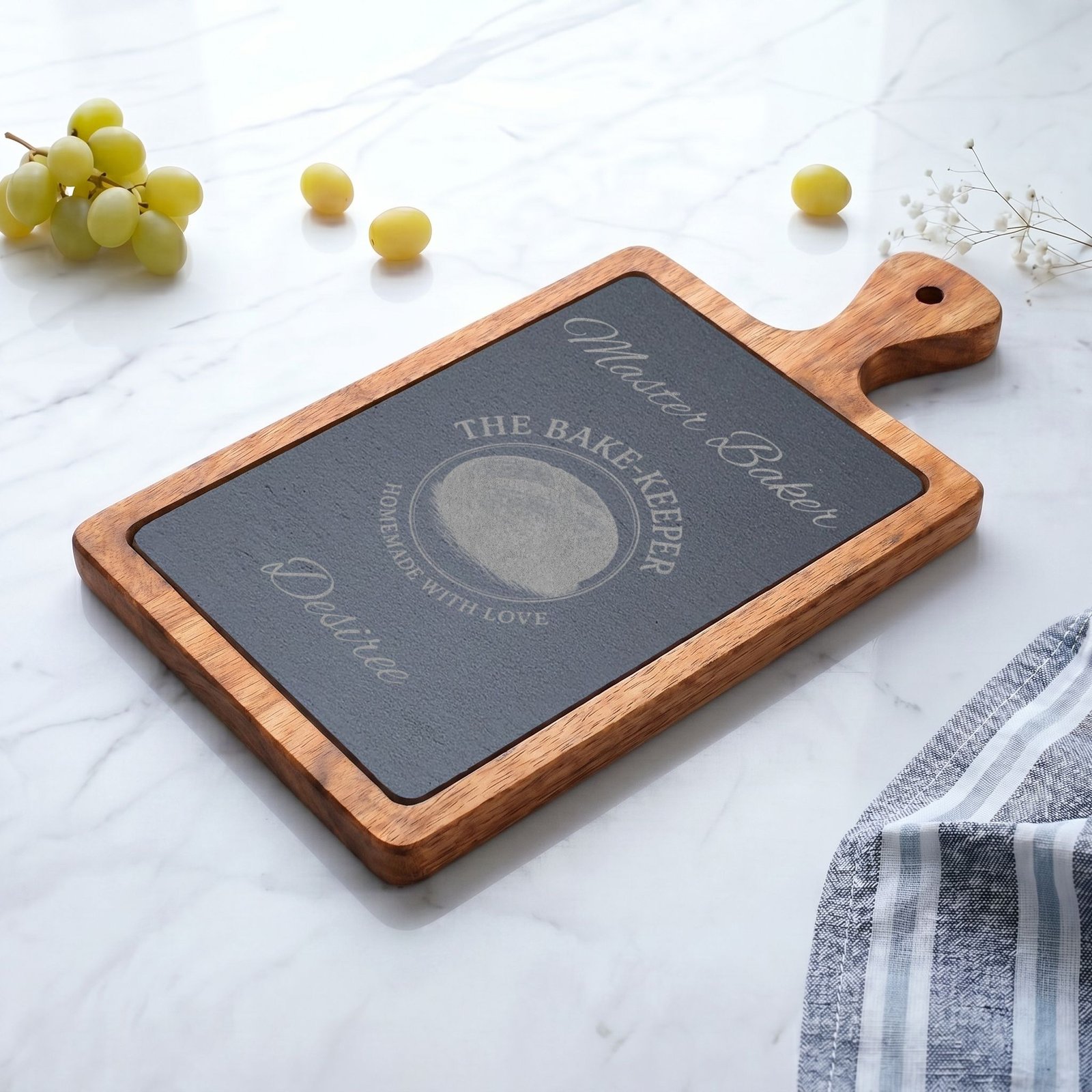 Engraved Acacia Charcuterie Board with Slate Insert & Cheese Tools — Personalized "Master Baker/The Bake-Keeper" Design - Image 9