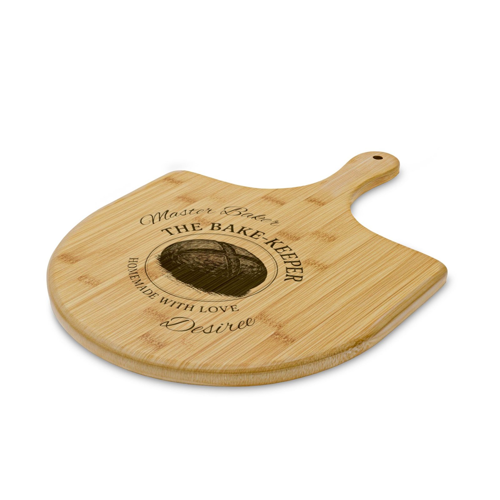 Engraved Bamboo Pizza Peel – Personalized "The Bake-Keeper" Rustic Wood Pizza Board - Image 2