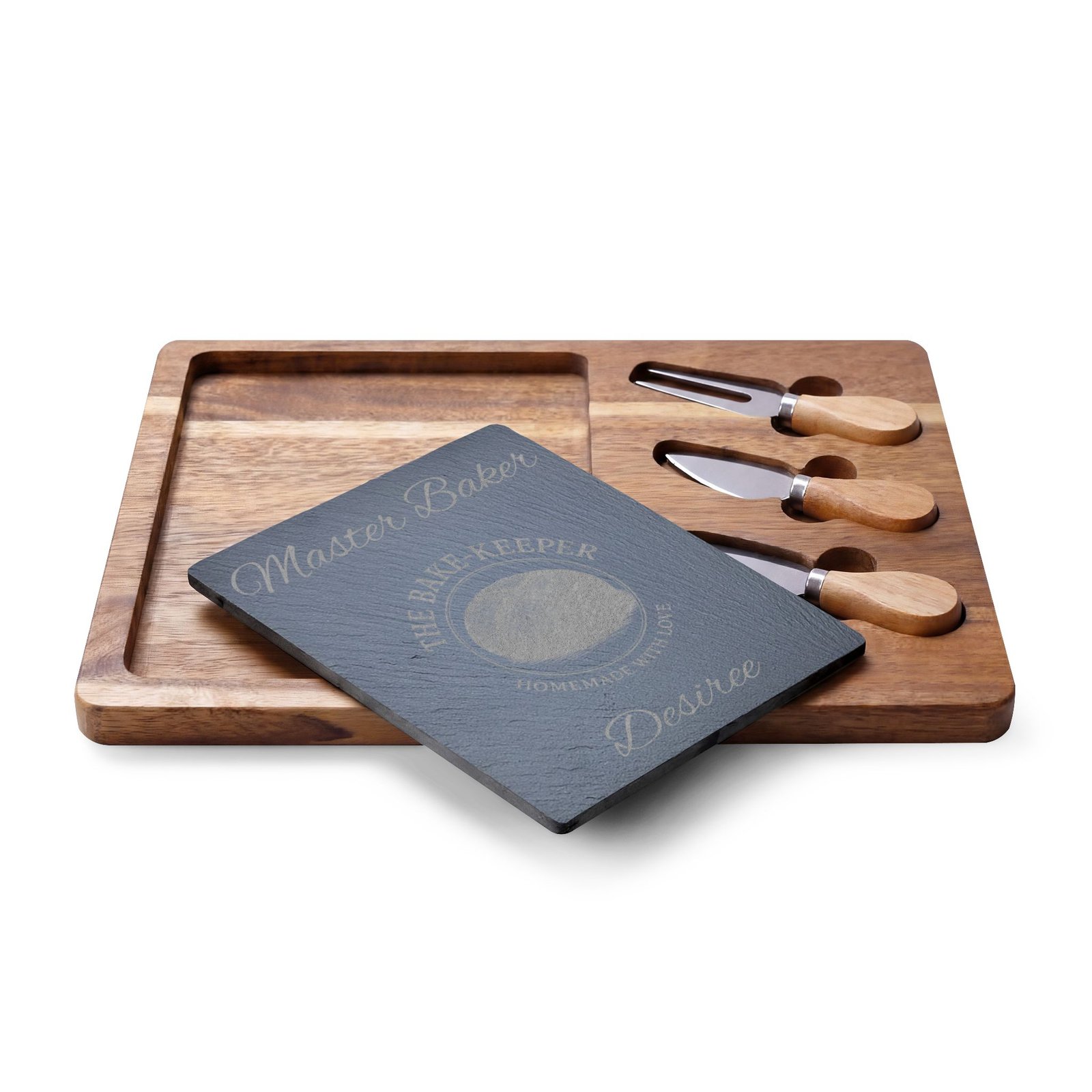 Engraved Acacia Charcuterie Board with Slate Insert & Cheese Tools — Personalized "Master Baker/The Bake-Keeper" Design - Image 13