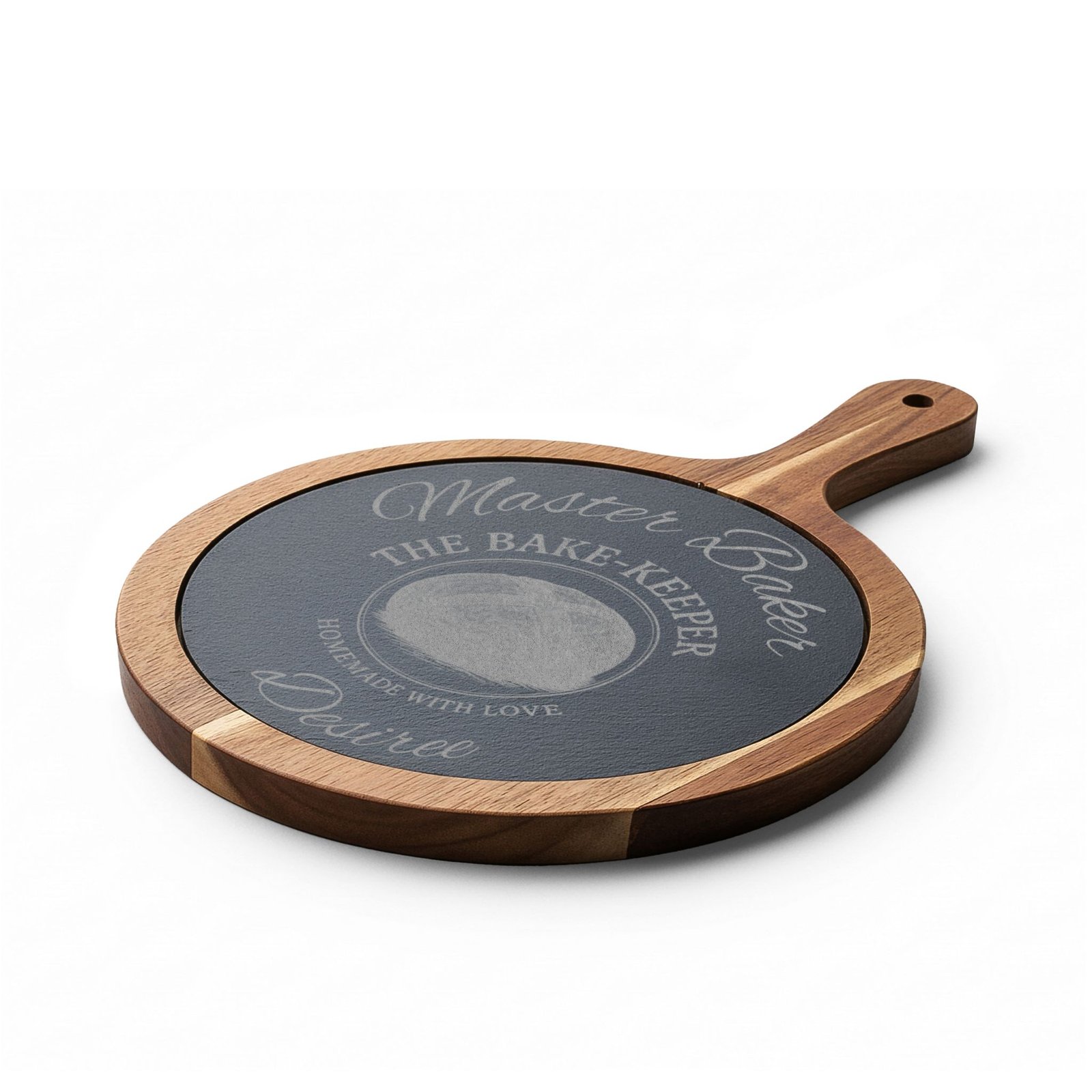Engraved Acacia Charcuterie Board with Slate Insert & Cheese Tools — Personalized "Master Baker/The Bake-Keeper" Design - Image 17