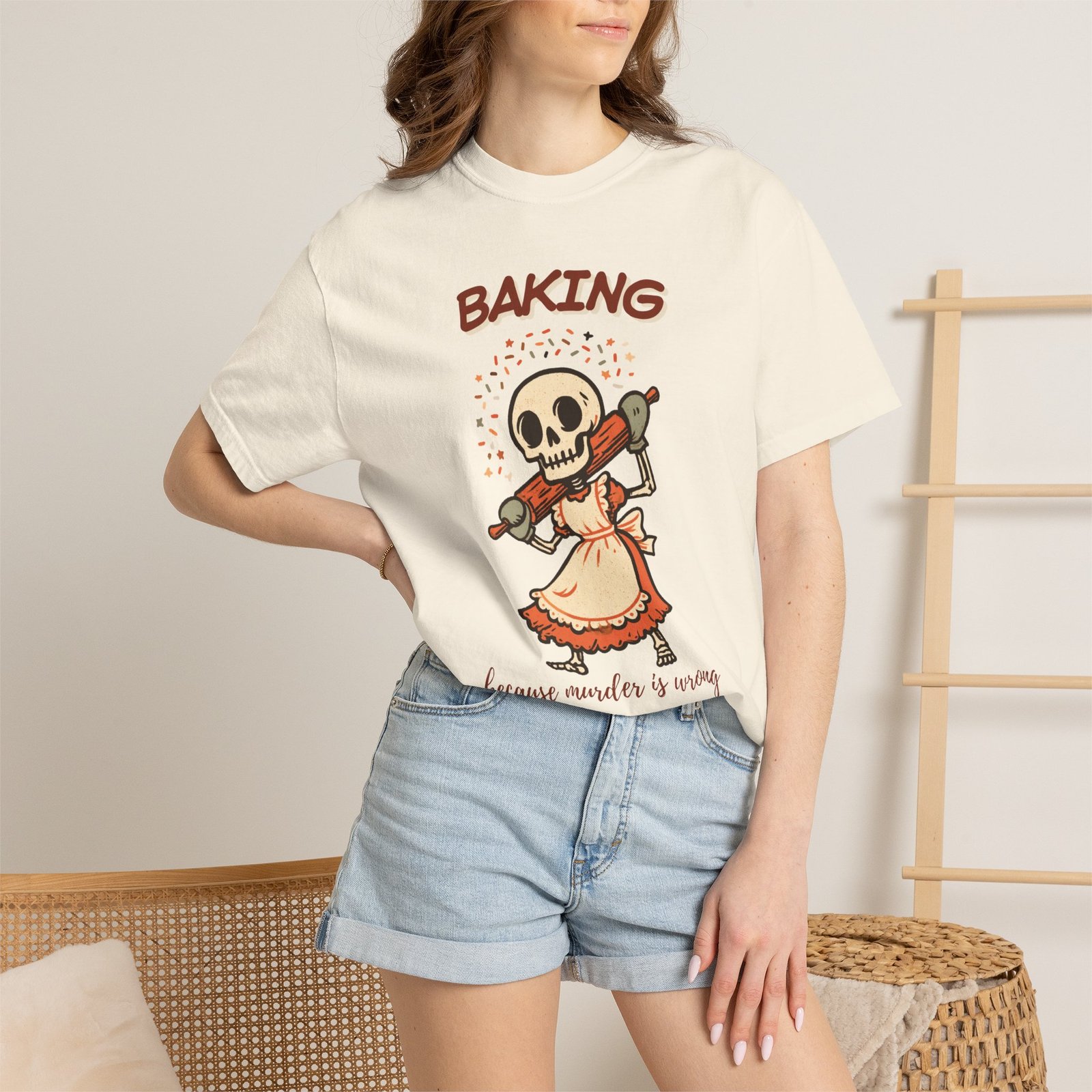 Baking Because Murder Is Wrong Shirt, Funny Skeleton Baker Tee, Dark Humor Baking Shirt, Gift for Baker, Halloween Baking - Image 3