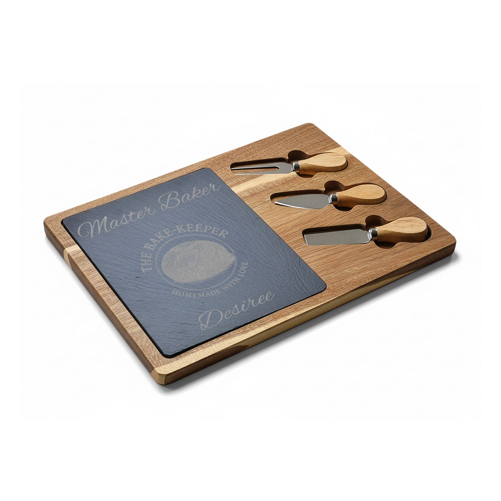 Engraved Acacia Charcuterie Board with Slate Insert & Cheese Tools — Personalized "Master Baker/The Bake-Keeper" Design - Image 12