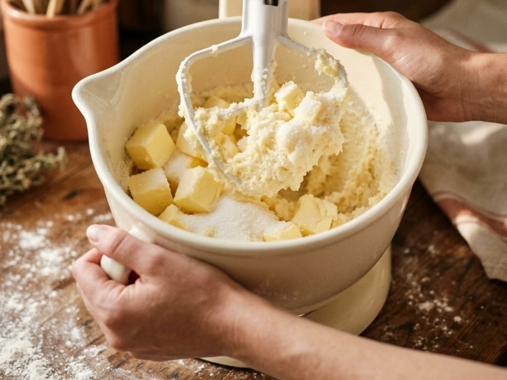 Cream the cold butter and sugar