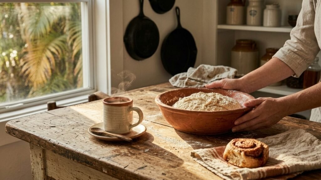 A relaxed weekend kitchen scene for the same-day sourdough schedule