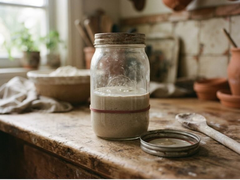 Flat sourdough starter with no bubbles in a glass jar