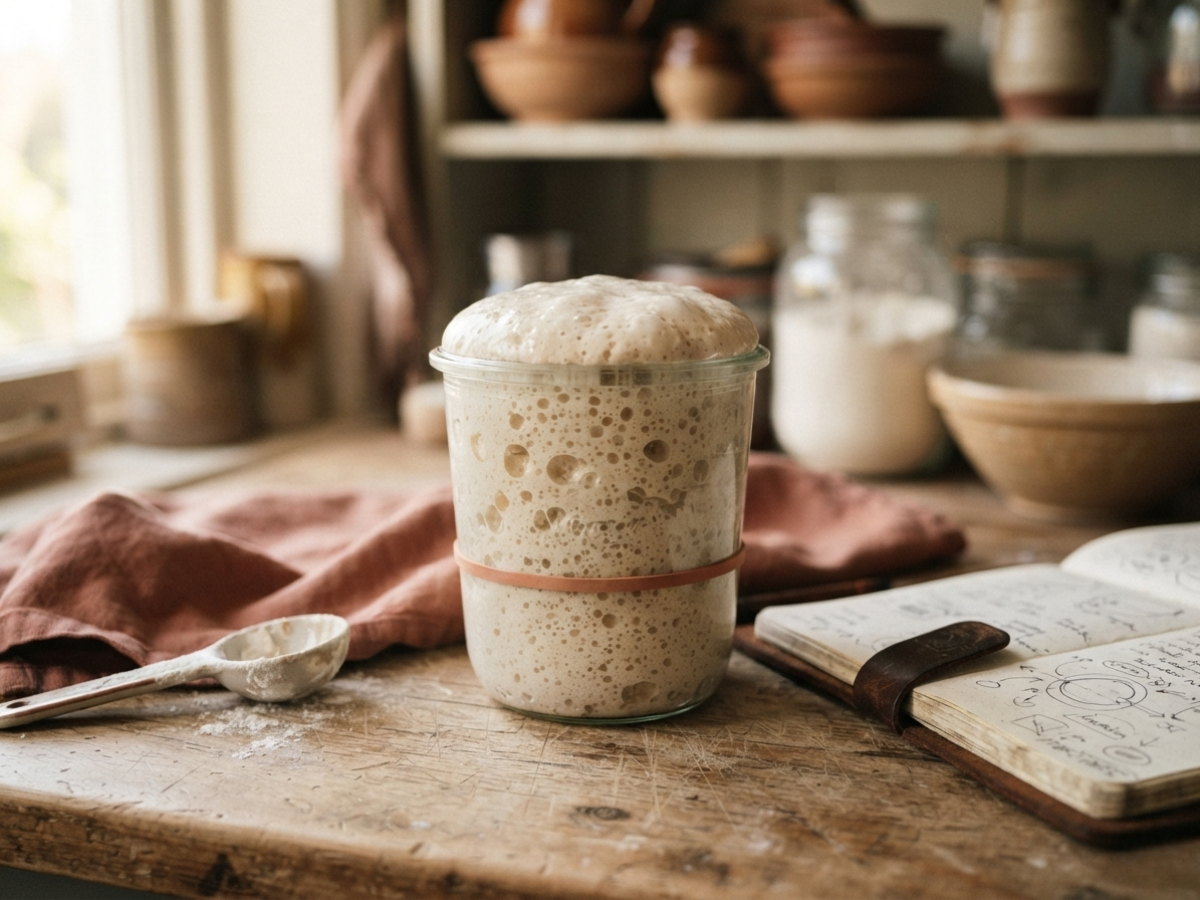 A bubbly, active sourdough starter in a jar, ready to bake with