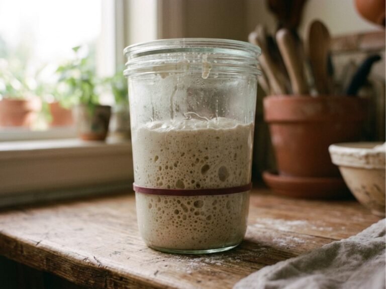 Active, bubbly sourdough starter in a jar