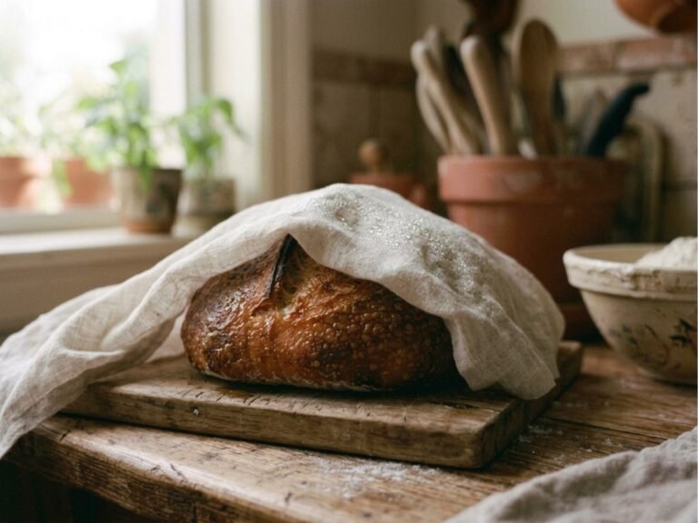 Baked sourdough loaf wrapped in a linen cloth