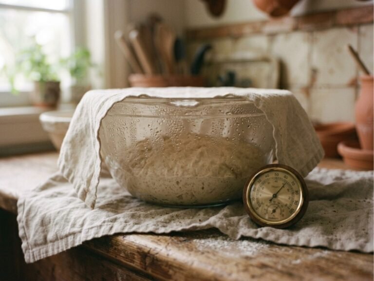 Sourdough dough proofing in a bowl under a cloth with a room thermometer