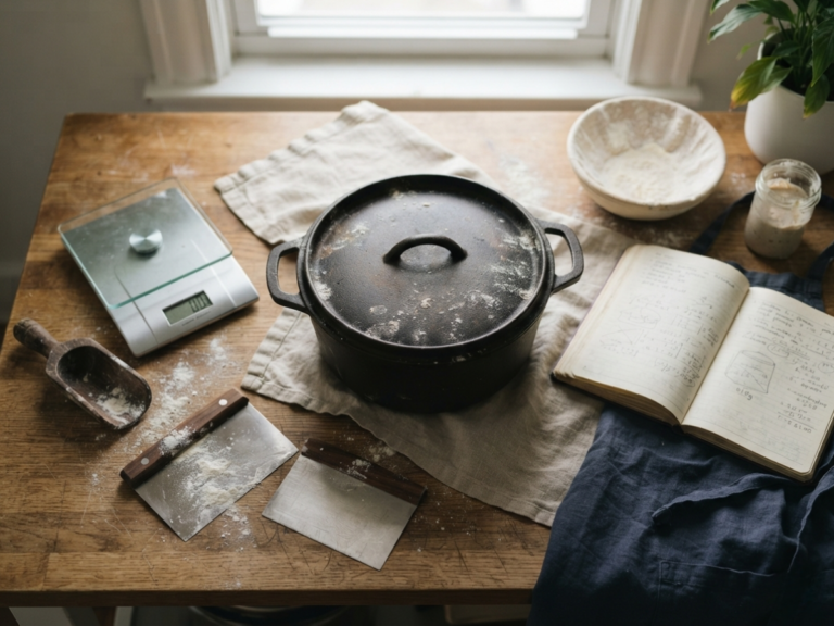 A flat-lay of basic sourdough baking gear: a kitchen scale, Dutch oven, mixing bowl, and tools