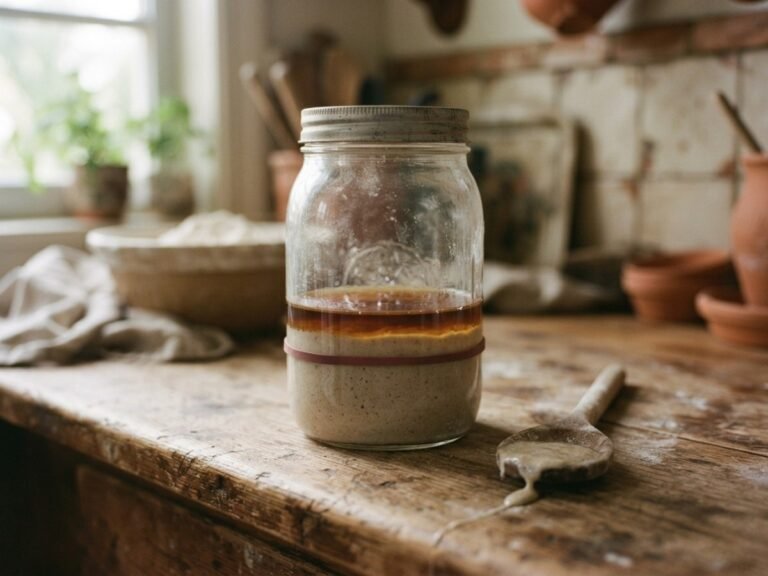Sourdough starter with a layer of dark hooch liquid on top