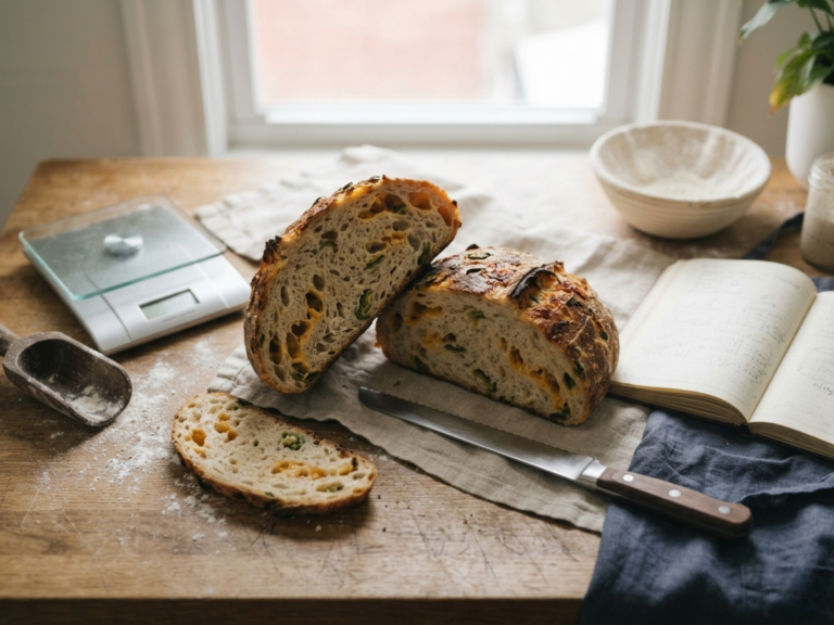 A jalapeño-cheddar sourdough loaf sliced open, showing mix-ins distributed evenly through the crumb