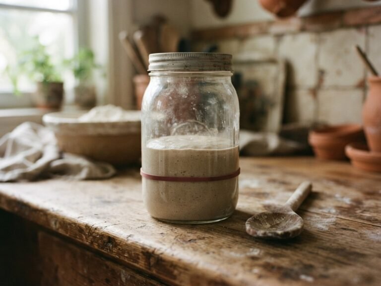 Sluggish, settled sourdough starter in a jar