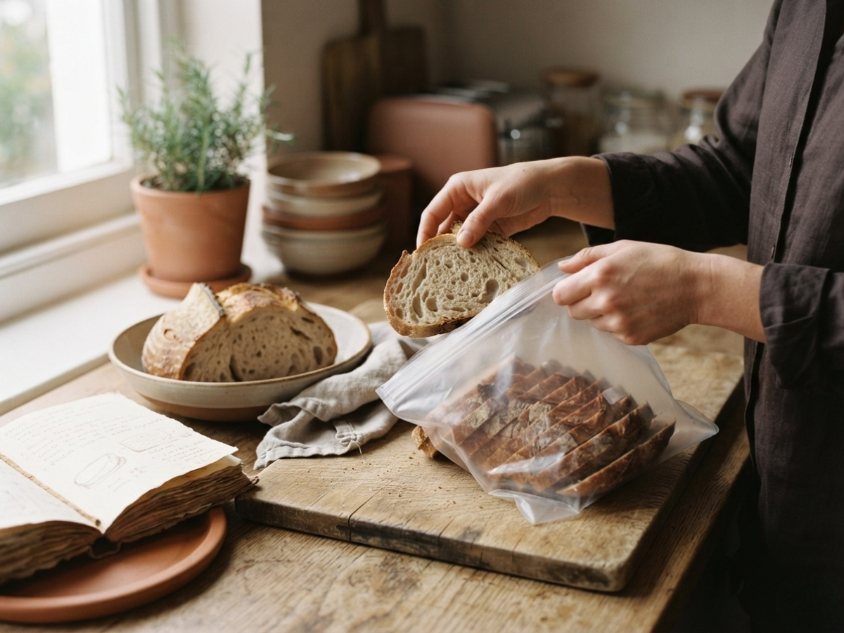 Sliced sourdough loaf being loaded into a freezer bag for storage