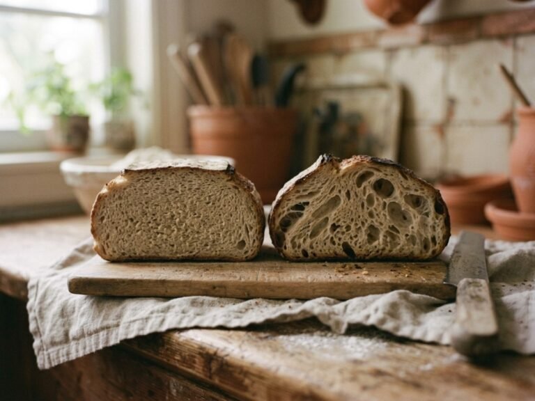 Sliced sourdough loaves comparing dense and open crumb