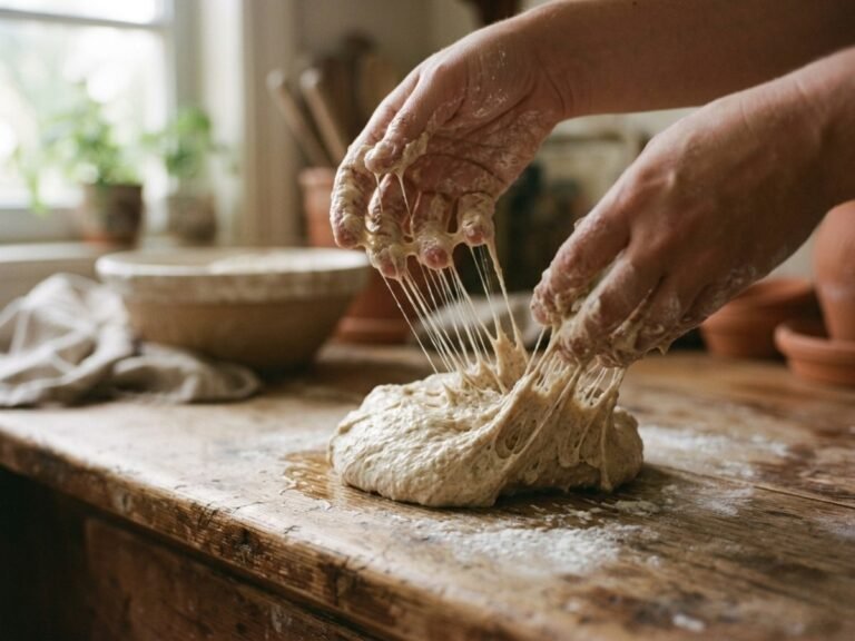 Sticky, wet sourdough dough being stretched by hand
