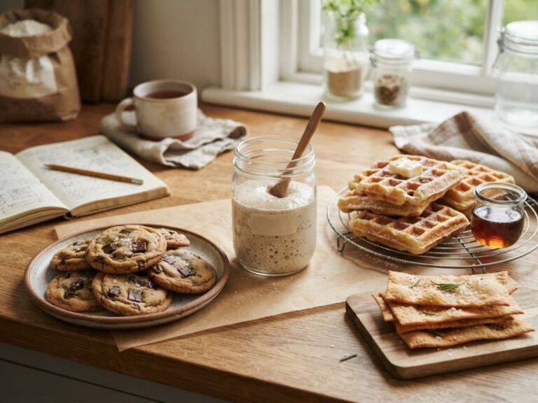 A spread of finished discard bakes: chocolate chip cookies, crackers, and waffles, with a jar of active starter in the middle