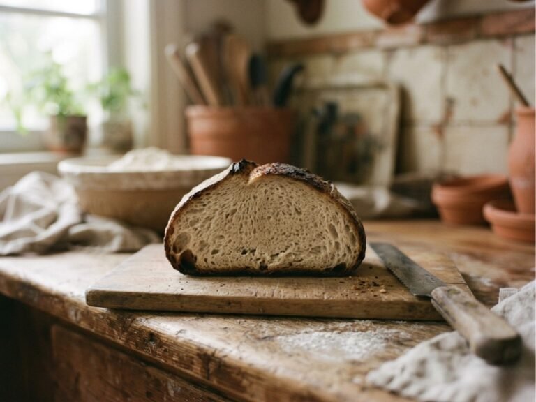 Sourdough loaf slice with a dark, burnt bottom crust