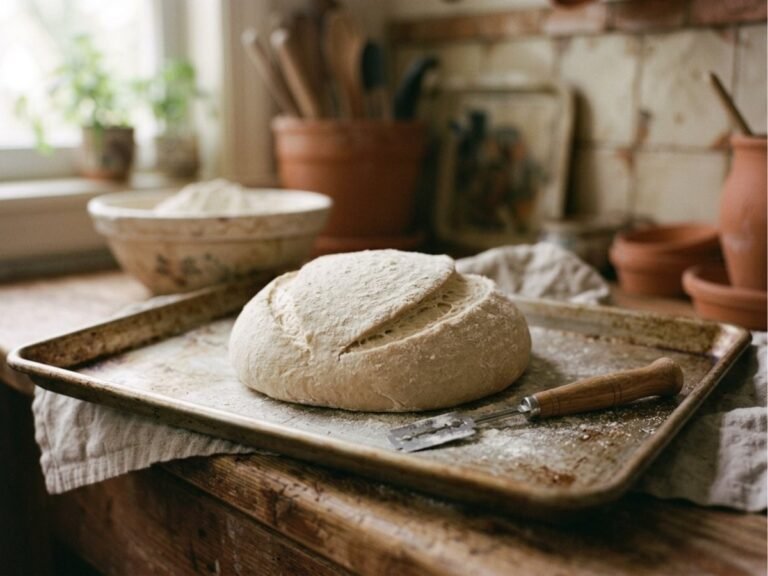 Scored raw sourdough loaf ready to bake on a tray