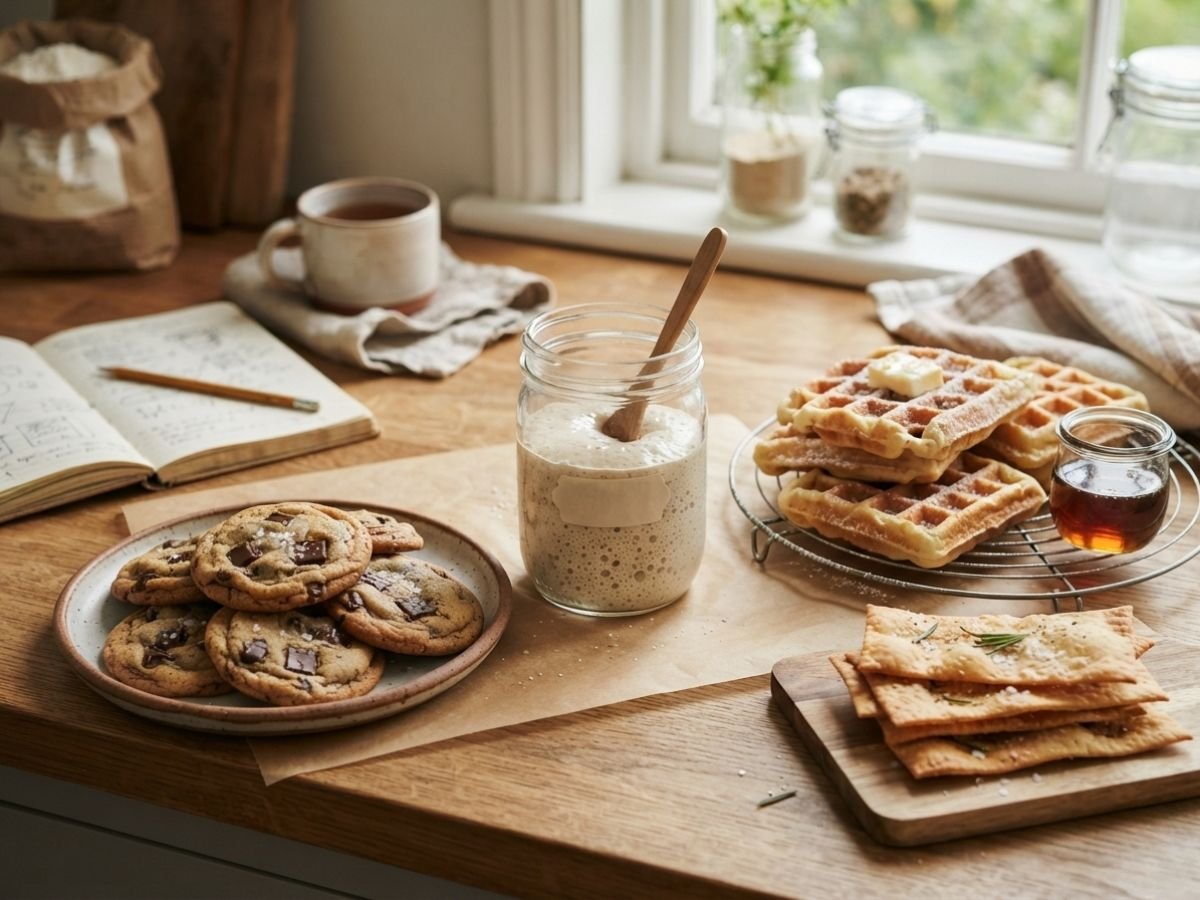 A spread of finished discard bakes: chocolate chip cookies, crackers, and waffles, with a jar of active starter in the middle