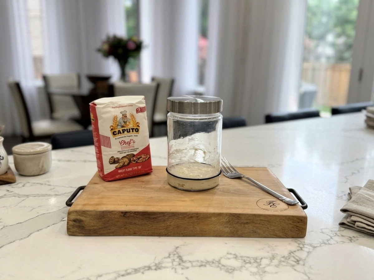 A bag of high-protein flour and a jar with a rubber band, ready to mix a sourdough starter on day 1