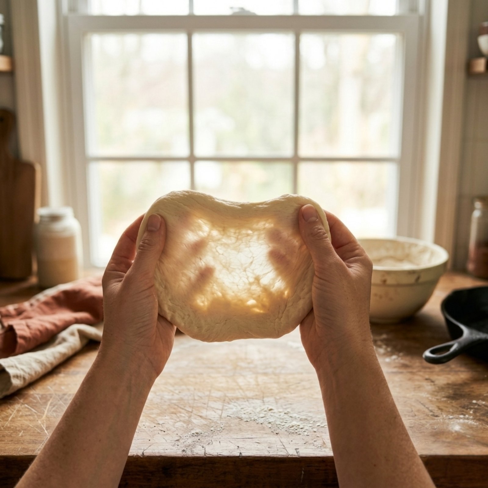 stretching a small piece of pale dough (1)